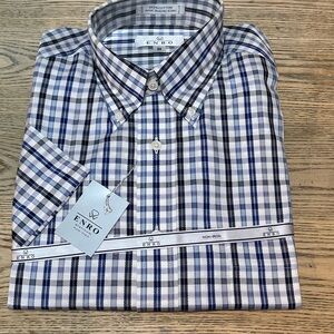 ENRO Short Sleeve Plaid Button-Downed Shirt Mens Size Medium Blue White Plaid